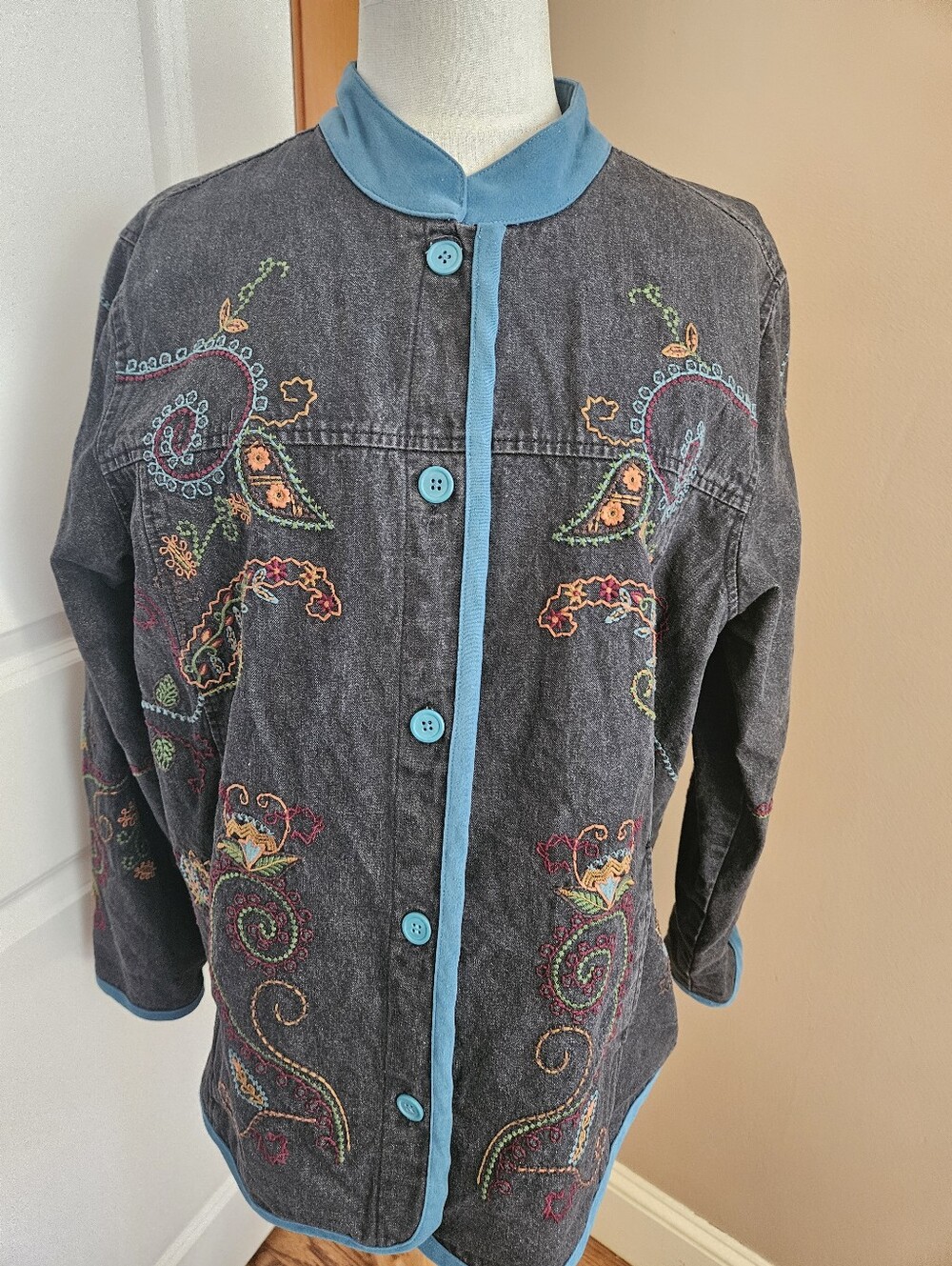 Denim&Co Black Denim Jacket with Teal Trim and Multicolor Embroidery